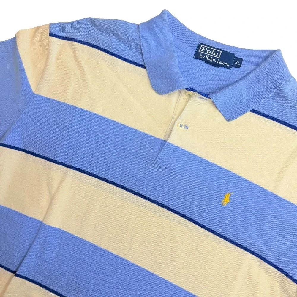 Polo Ralph Lauren Men's XL Blue White Striped Pony Polo Shirt Cotton Rugby